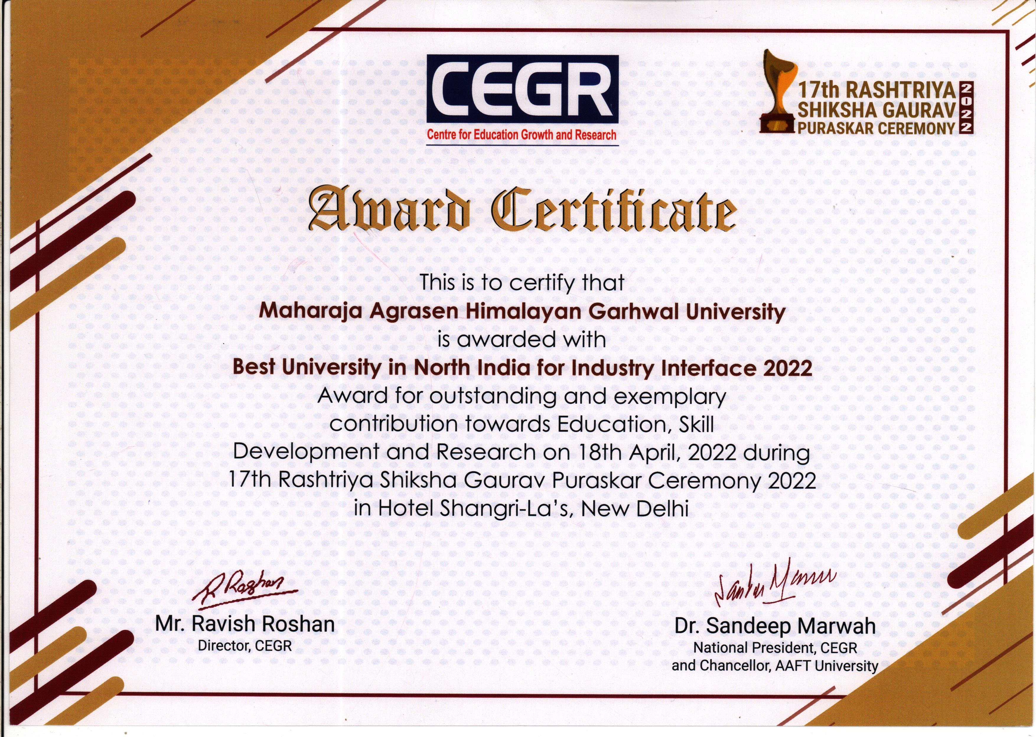 MAHGU awarded with Best University in North India for Industry Interface 2022
